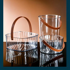 Clear Wine Bucket with Brown Leather Handle, Portable Ice Bucket for Drinks