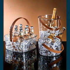 Clear Wine Bucket with Brown Leather Handle, Portable Ice Bucket for Drinks