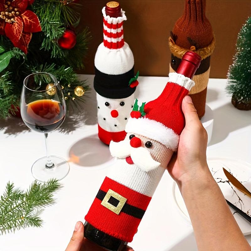 3pcs Knitted Snowman Red Wine Cover Xmas Party Decor