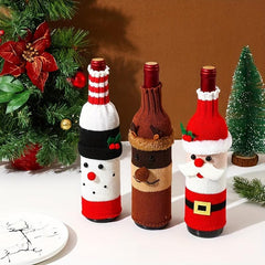 3pcs Knitted Snowman Red Wine Cover Xmas Party Decor