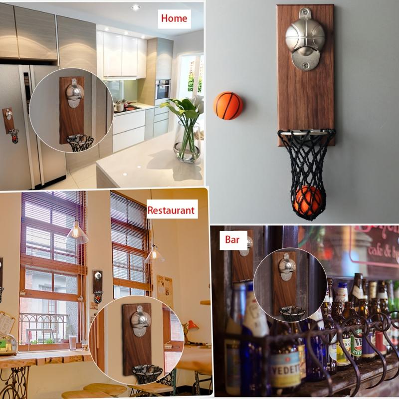 Vintage Wooden Beer Bottle Opener with Cap Catcher Wall Mounted - Home Bar Party