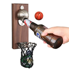 Vintage Wooden Beer Bottle Opener with Cap Catcher Wall Mounted - Home Bar Party