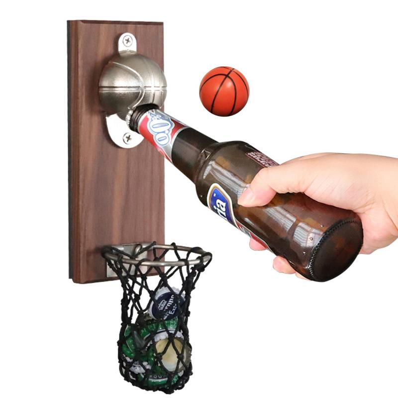 Vintage Wooden Beer Bottle Opener with Cap Catcher Wall Mounted - Home Bar Party
