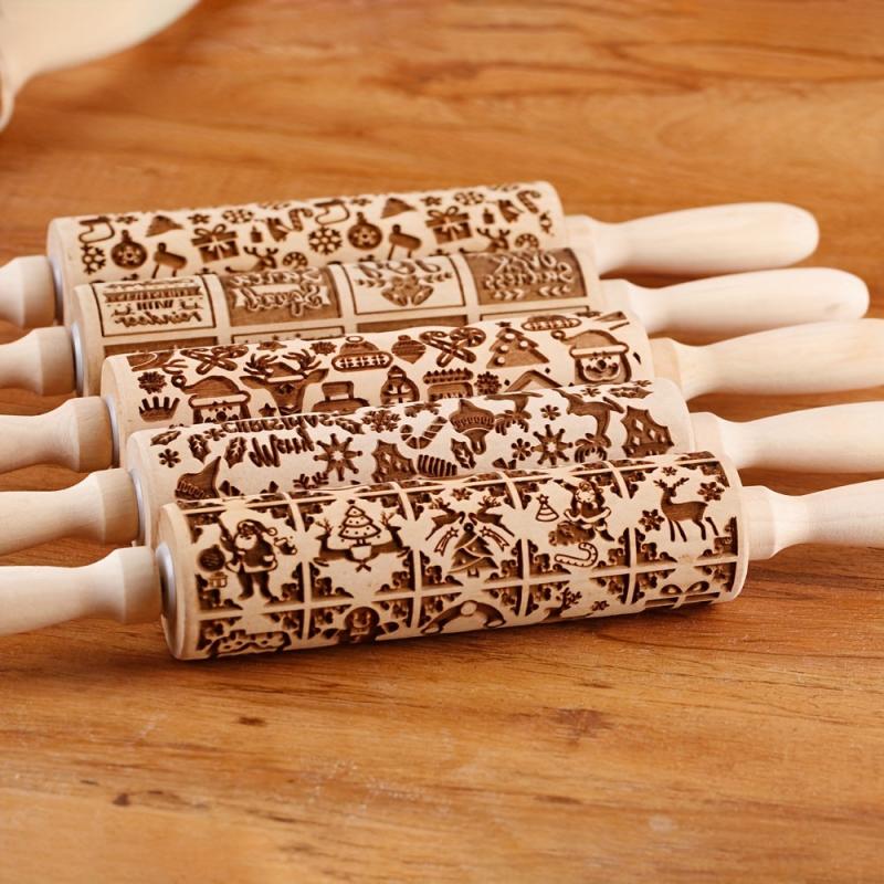 Christmas Wooden Embossing Rolling Pin - Santa Claus Snowman Elk Gingerbread Man