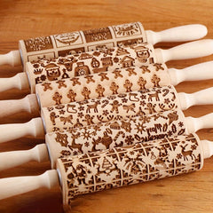 Christmas Wooden Embossing Rolling Pin - Santa Claus Snowman Elk Gingerbread Man