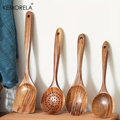 8pcs Wooden Kitchen Utensils Set Spatula Turner Ladle Spoon Paddle Scoop Skimmer