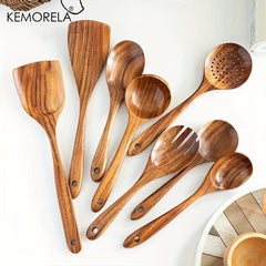8pcs Wooden Kitchen Utensils Set Spatula Turner Ladle Spoon Paddle Scoop Skimmer