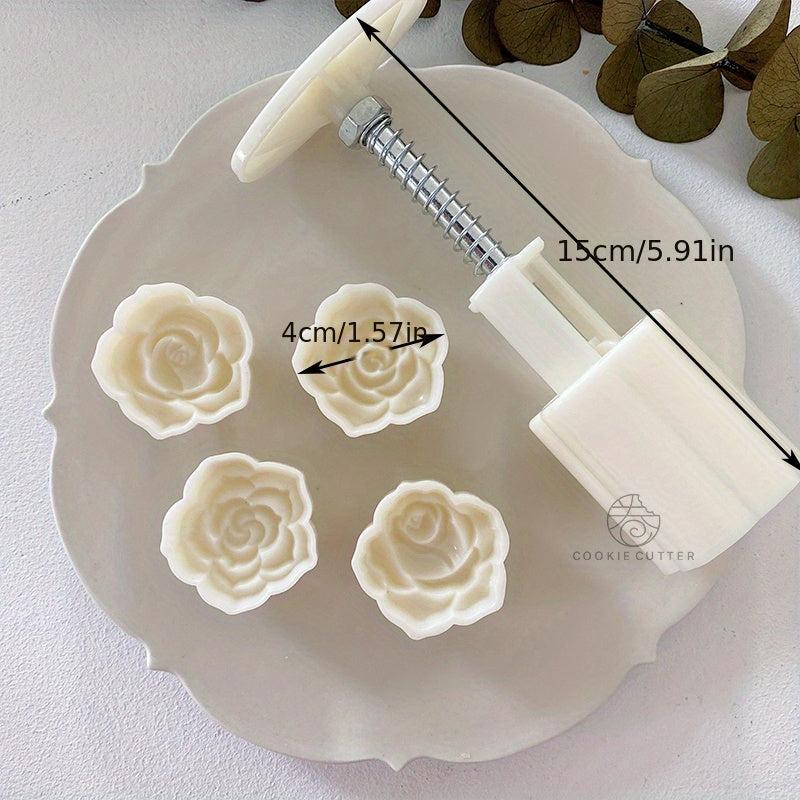 Rose Moon Cake Molds with 1 Mold and 4 Stamps DIY Hand Press Cookie Stamps