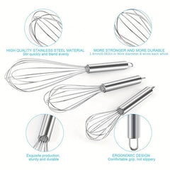 3pcs Stainless Steel Egg Whisks for Cooking Baking Kitchen Gadgets