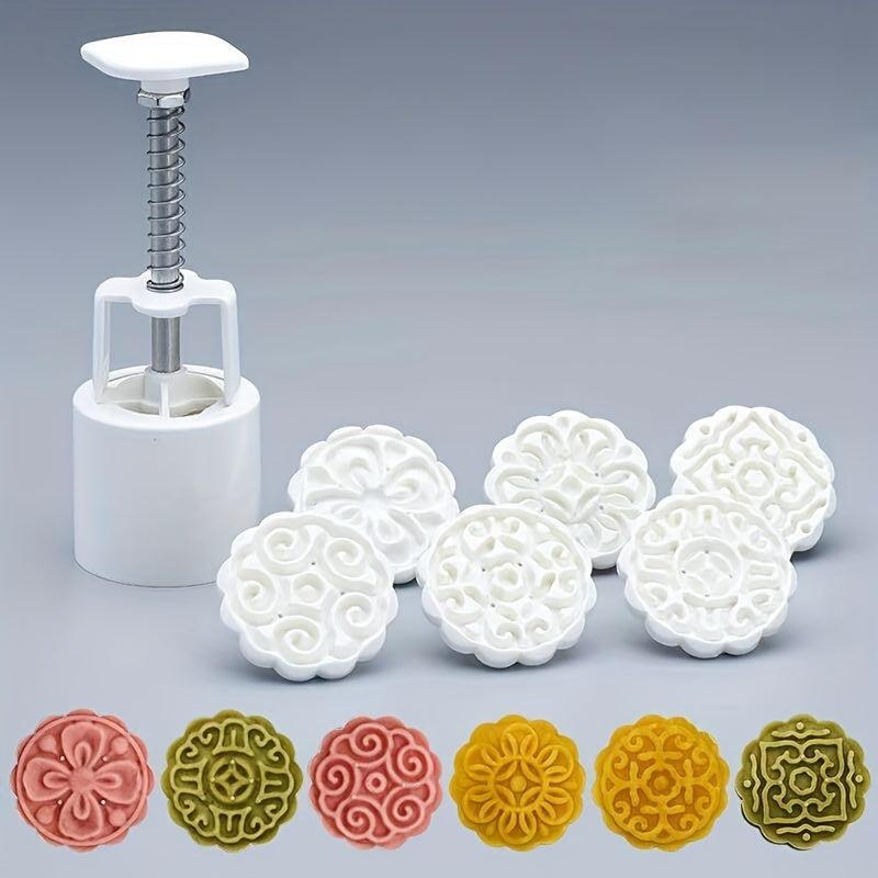 Moon Cake Molds & 6 Stamps Flower Shaped DIY Hand Press Cookie Stamps