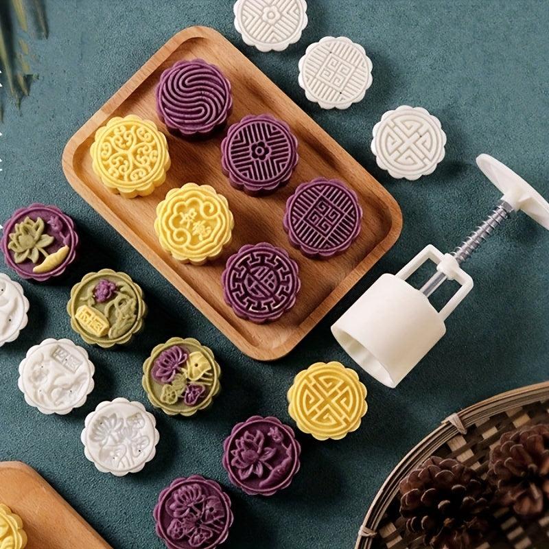 Moon Cake Molds & 6 Stamps Flower Shaped DIY Hand Press Cookie Stamps