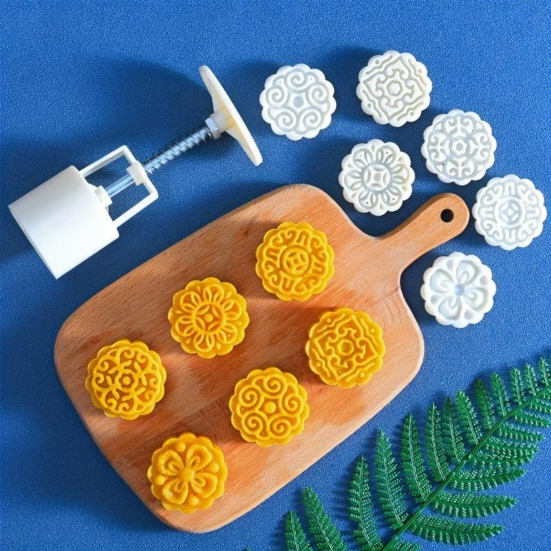Moon Cake Molds & 6 Stamps Flower Shaped DIY Hand Press Cookie Stamps