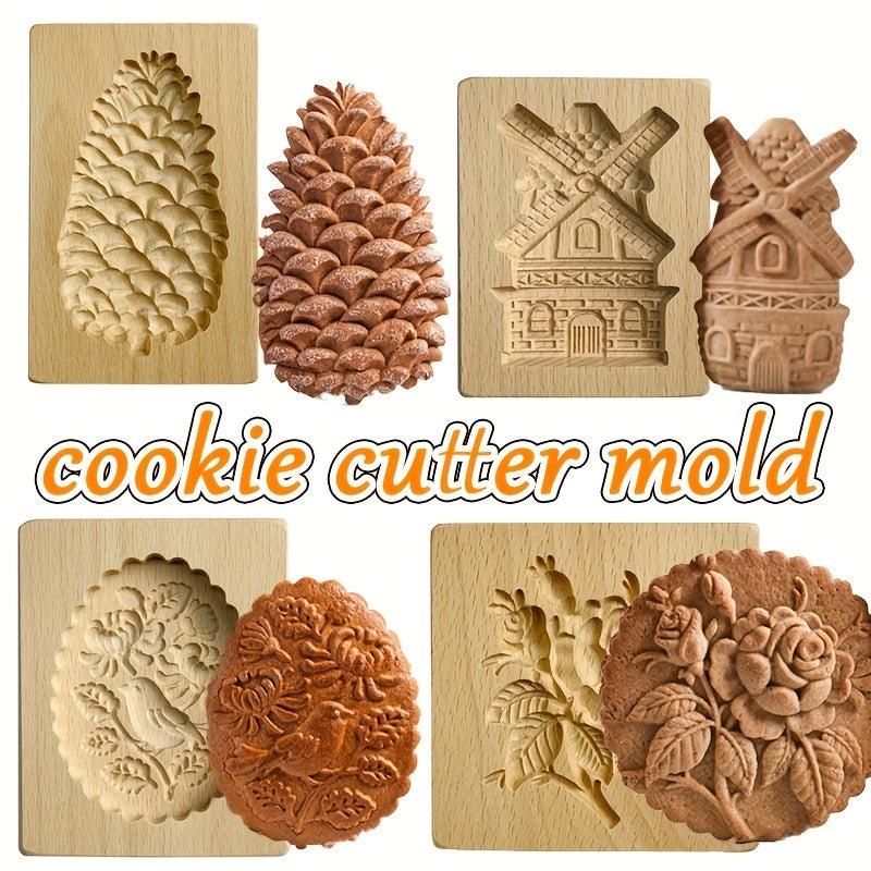 1pc 3D Wooden Cookie Biscuit Molds With Rose Flowers Animals Embossed Patterns