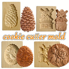1pc 3D Wooden Cookie Biscuit Molds With Rose Flowers Animals Embossed Patterns