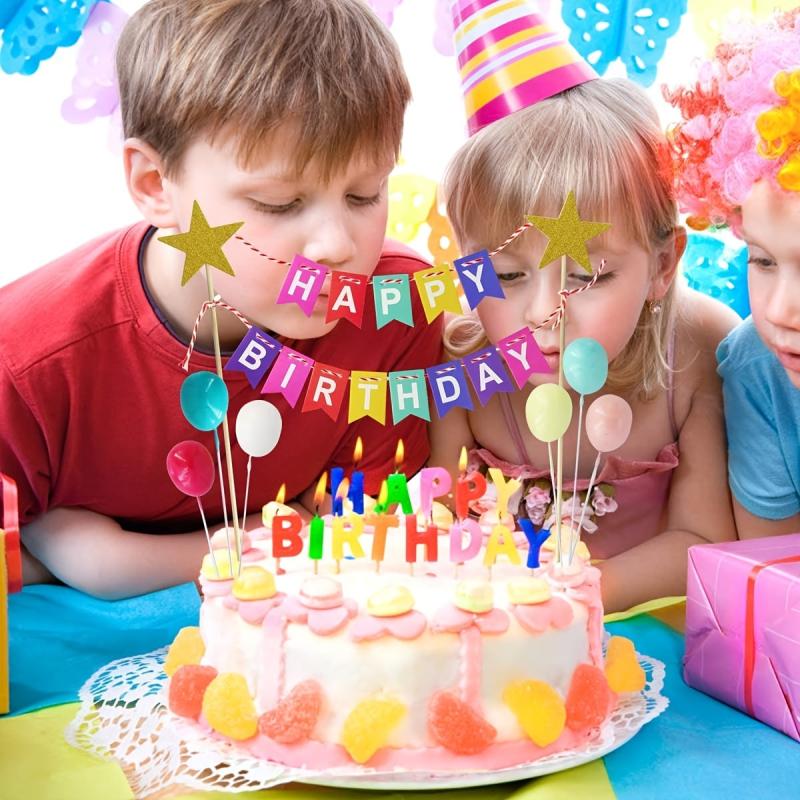 Happy Birthday Cake Pull Flag Glitter Party Decoration Kit
