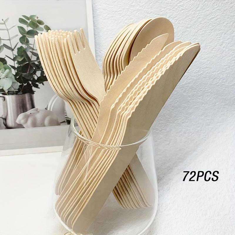 72pcs Wooden Disposable Cutlery Set for Picnic Takeaway Commercial Tableware
