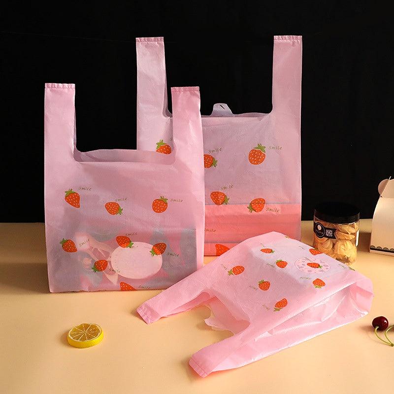 20pcs Pink Strawberry Plastic Packaging Shopping Vest Bag
