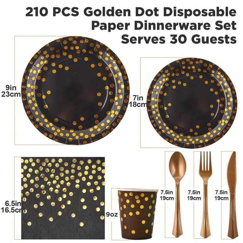 Golden Dot Party Supplies for 30 Guests, 210 pcs
