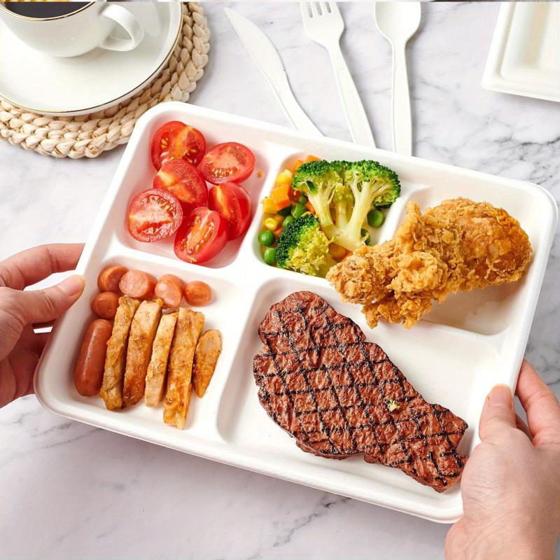 50pcs Compostable Paper Plate 5 Compartment Bagasse Tray Heavy Duty Eco Friendly