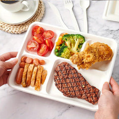 50pcs Compostable Paper Plate 5 Compartment Bagasse Tray Heavy Duty Eco Friendly