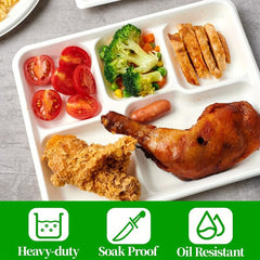 50pcs Compostable Paper Plate 5 Compartment Bagasse Tray Heavy Duty Eco Friendly