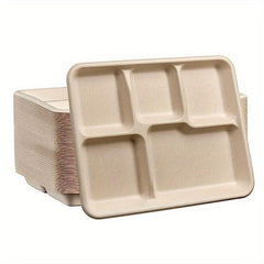 50pcs Compostable Paper Plate 5 Compartment Bagasse Tray Heavy Duty Eco Friendly