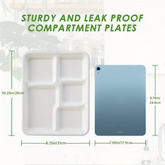 50pcs Compostable Paper Plate 5 Compartment Bagasse Tray Heavy Duty Eco Friendly