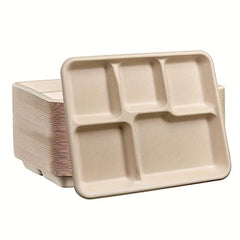 50pcs Compostable Paper Plate 5 Compartment Bagasse Tray Heavy Duty Eco Friendly