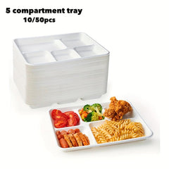 50pcs Compostable Paper Plate 5 Compartment Bagasse Tray Heavy Duty Eco Friendly