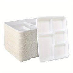 50pcs Compostable Paper Plate 5 Compartment Bagasse Tray Heavy Duty Eco Friendly