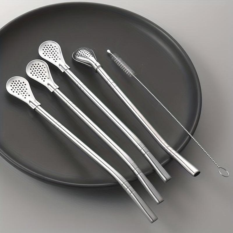 4pcs Stainless Steel Straws w/ Filter Spoon Perfect for Yerba Mate Tea