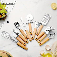 9Pcs Kitchenware Set Stainless Steel & Wood Handles
