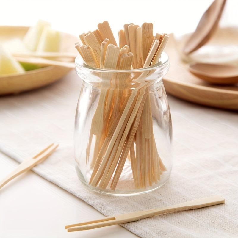 100pcs Bamboo Forks Natural Wooden Appetizer Cocktail Fruit Pastry Dessert