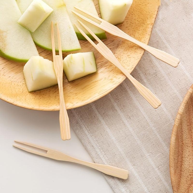 100pcs Bamboo Forks Natural Wooden Appetizer Cocktail Fruit Pastry Dessert
