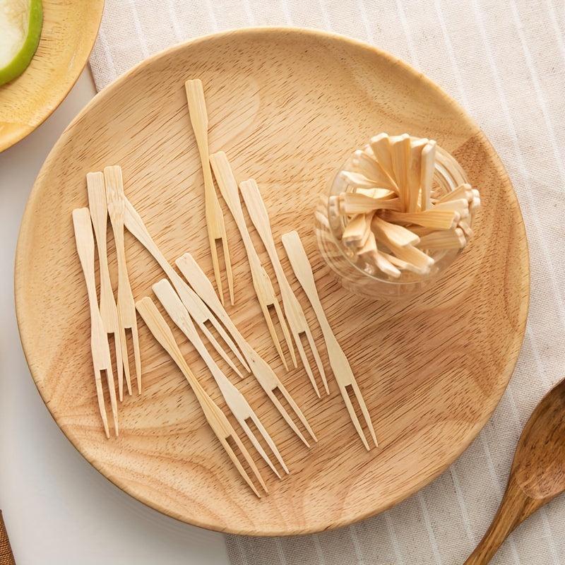 100pcs Bamboo Forks Natural Wooden Appetizer Cocktail Fruit Pastry Dessert