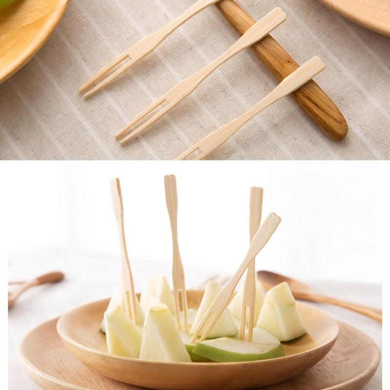 100pcs Bamboo Forks Natural Wooden Appetizer Cocktail Fruit Pastry Dessert