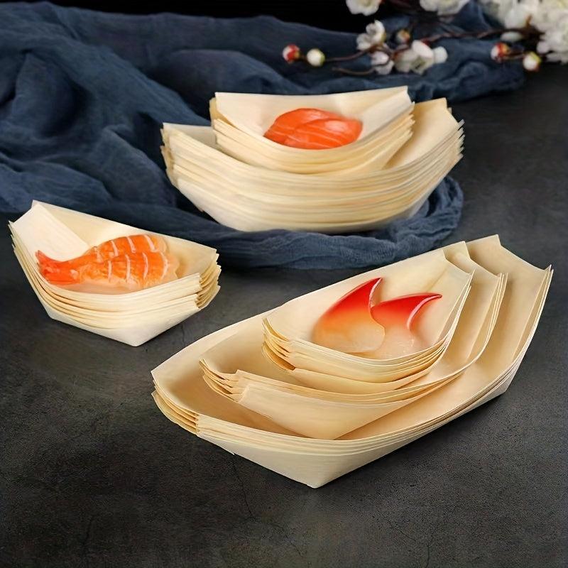 50pcs Disposable Paper Boat Wooden Skin Sushi Boat Sashimi Dessert Box