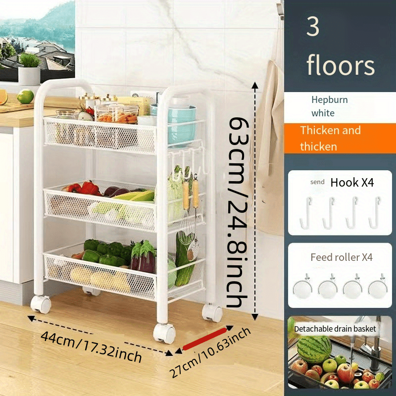1pc Kitchen Cart on Wheels Rolling Storage Rack with Floor Shelf