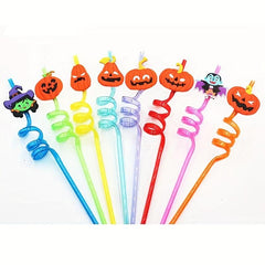5pcs Halloween Cartoon Straws Reusable Pumpkin Wizard Party Spiral Straws