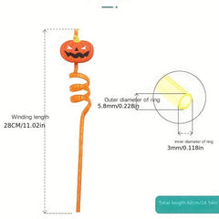 5pcs Halloween Cartoon Straws Reusable Pumpkin Wizard Party Spiral Straws
