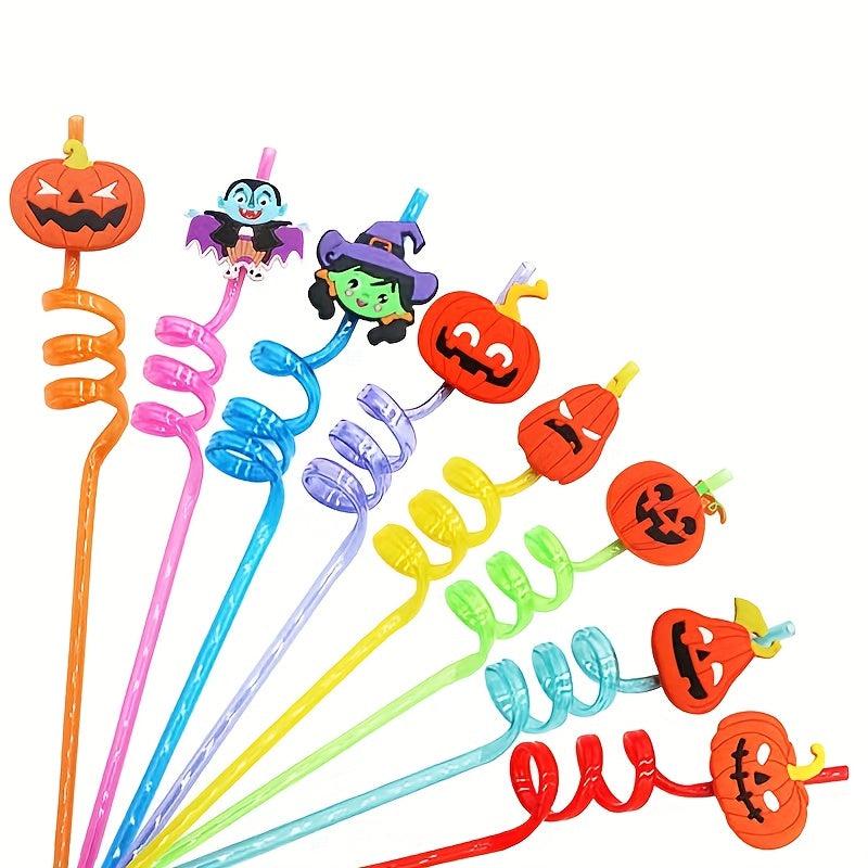5pcs Halloween Cartoon Straws Reusable Pumpkin Wizard Party Spiral Straws