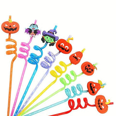 5pcs Halloween Cartoon Straws Reusable Pumpkin Wizard Party Spiral Straws