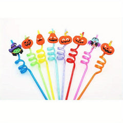 5pcs Halloween Cartoon Straws Reusable Pumpkin Wizard Party Spiral Straws
