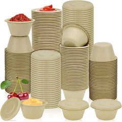 100pcs 2oz Bagasse Fiber Seasoning Cup with Lid Compostable Sauce Container