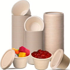 100pcs 2oz Bagasse Fiber Seasoning Cup with Lid Compostable Sauce Container