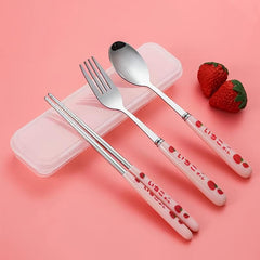 3PCS Strawberry Tableware Set Box Stainless Steel Spoon Fork Chopsticks