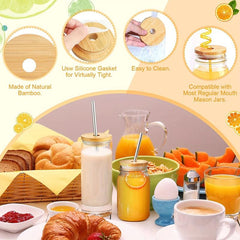 Bamboo Jar Lids with Straw Hole for Mason Jars, Leak Proof, Reusable