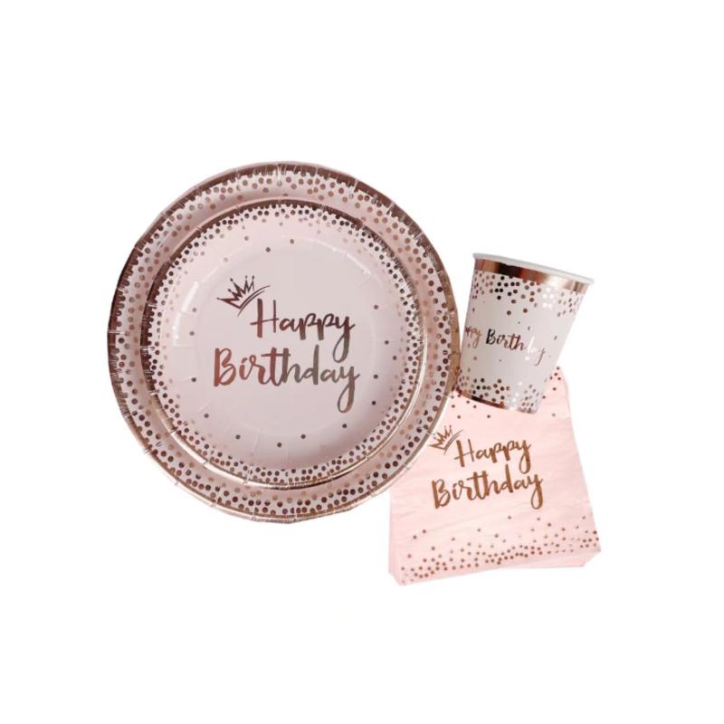 20pcs Rose Golden Birthday Party Tableware Set Girl Birthday Paper Tray Towel