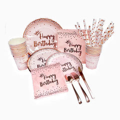 20pcs Rose Golden Birthday Party Tableware Set Girl Birthday Paper Tray Towel
