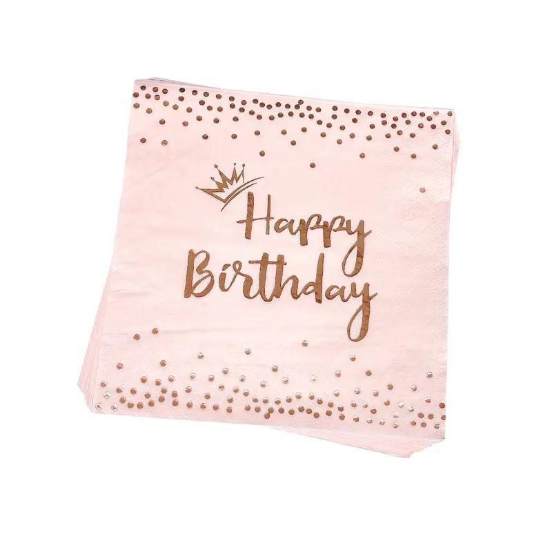 20pcs Rose Golden Birthday Party Tableware Set Girl Birthday Paper Tray Towel